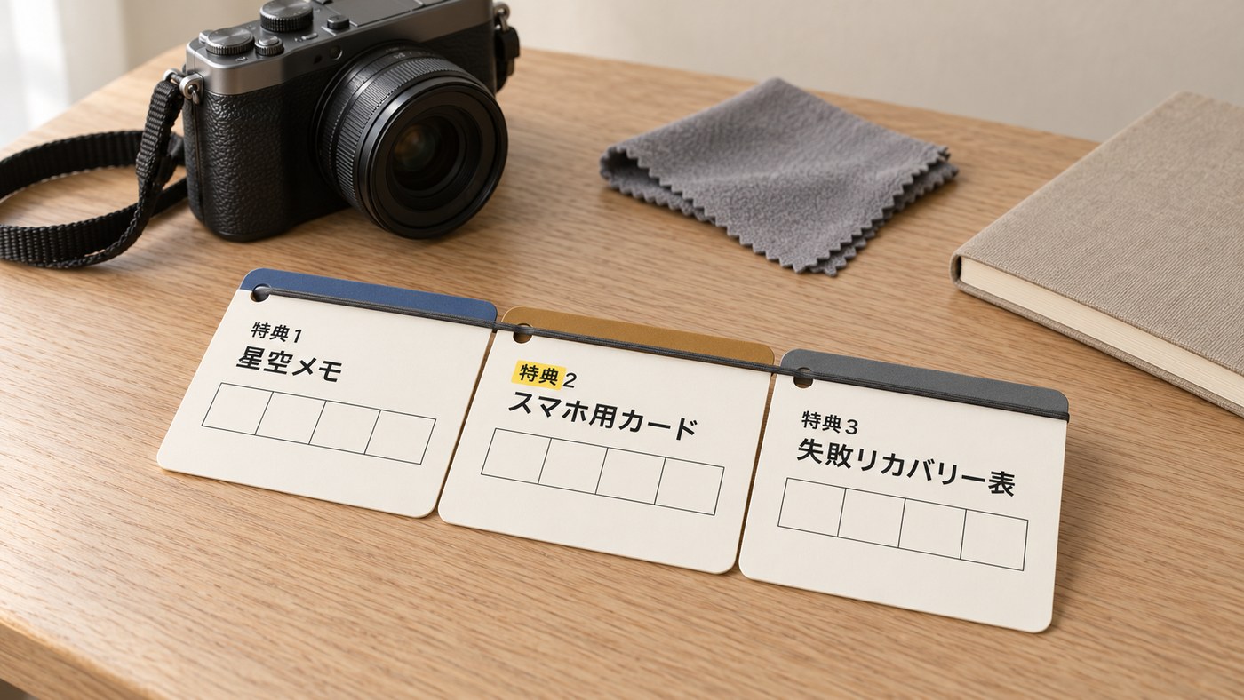 3つの特典：星空メモ、スマホ用カード、失敗リカバリー表
