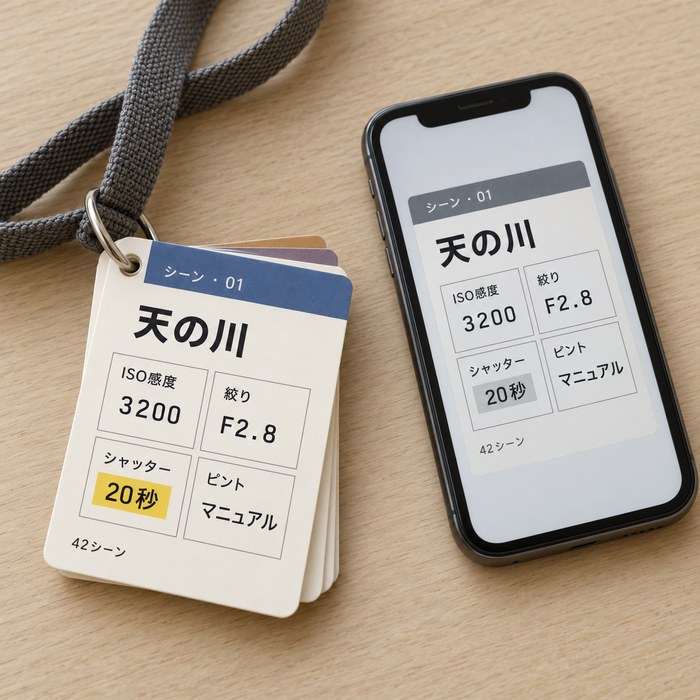 ストラップにつけたシーン別カードの束と、スマホに表示したカード