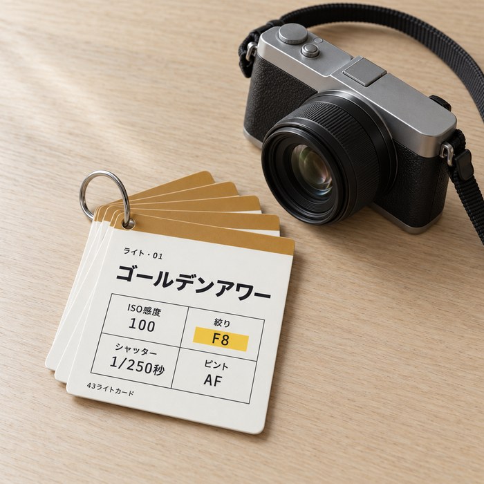 ゴールデンアワーのライトカードの束とカメラ