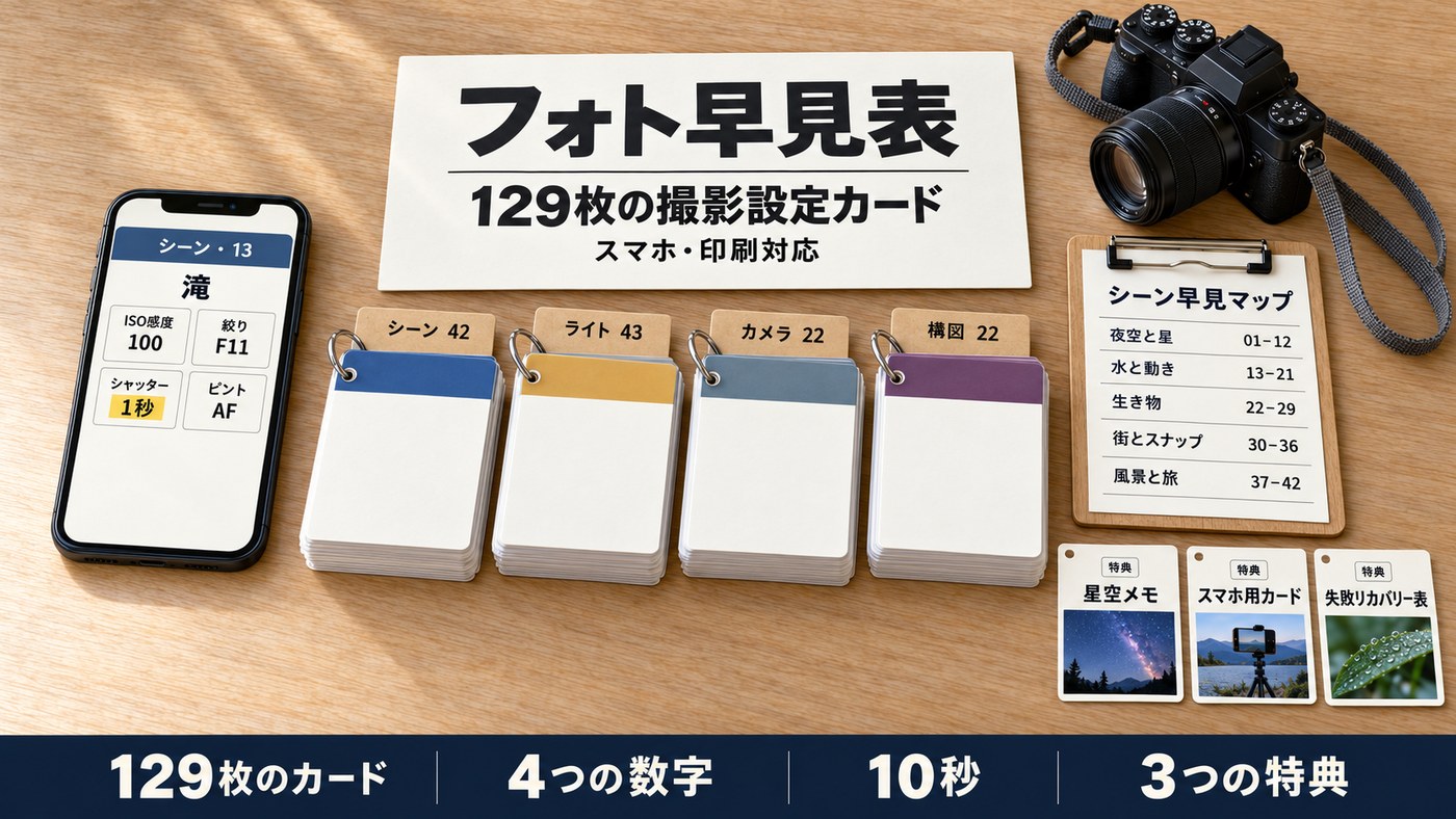 フォト早見表：シーン別カード、光のカード、カメラ・構図カード、シーン早見マップ、スマホ画面のカードを机に並べたところ