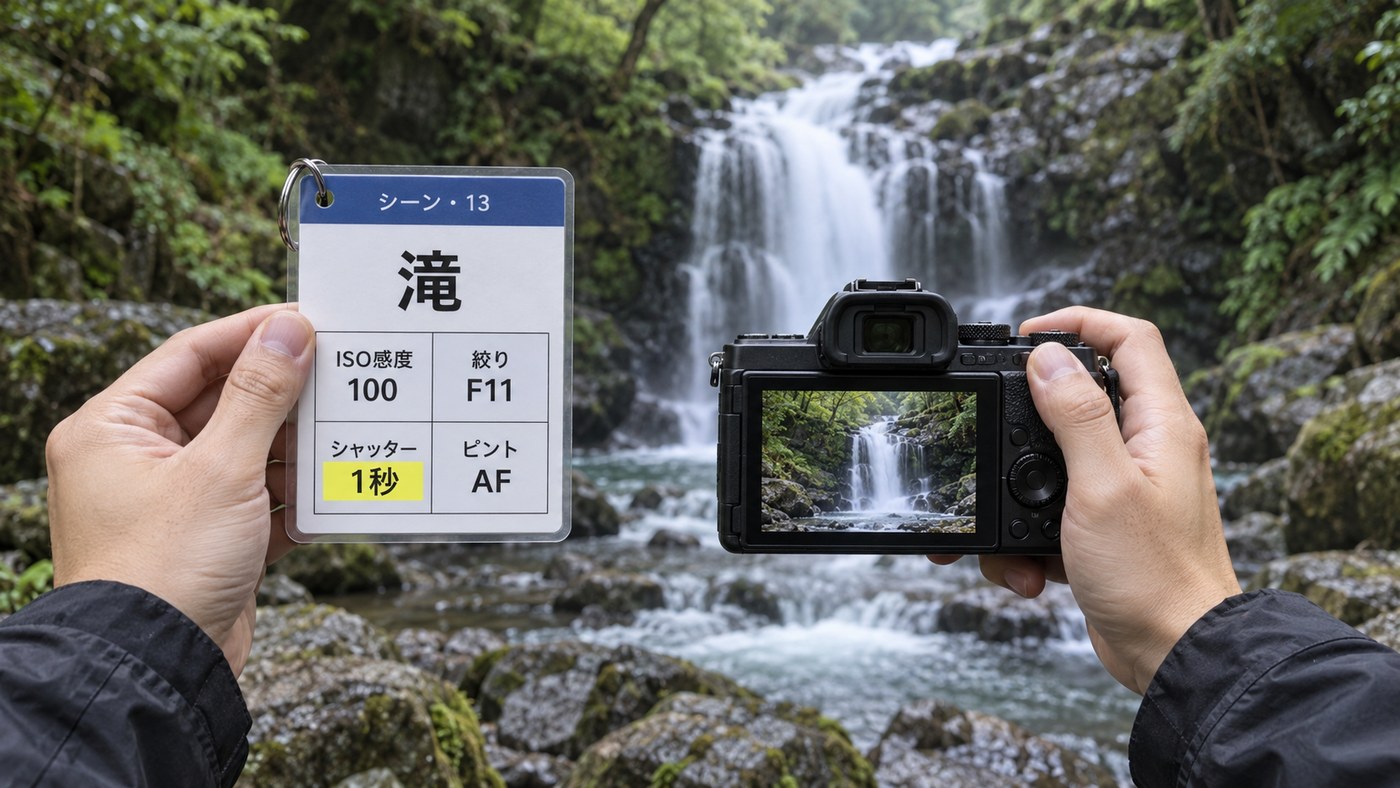 滝の前でカメラを構え、もう一方の手でシーンカードを見ているところ