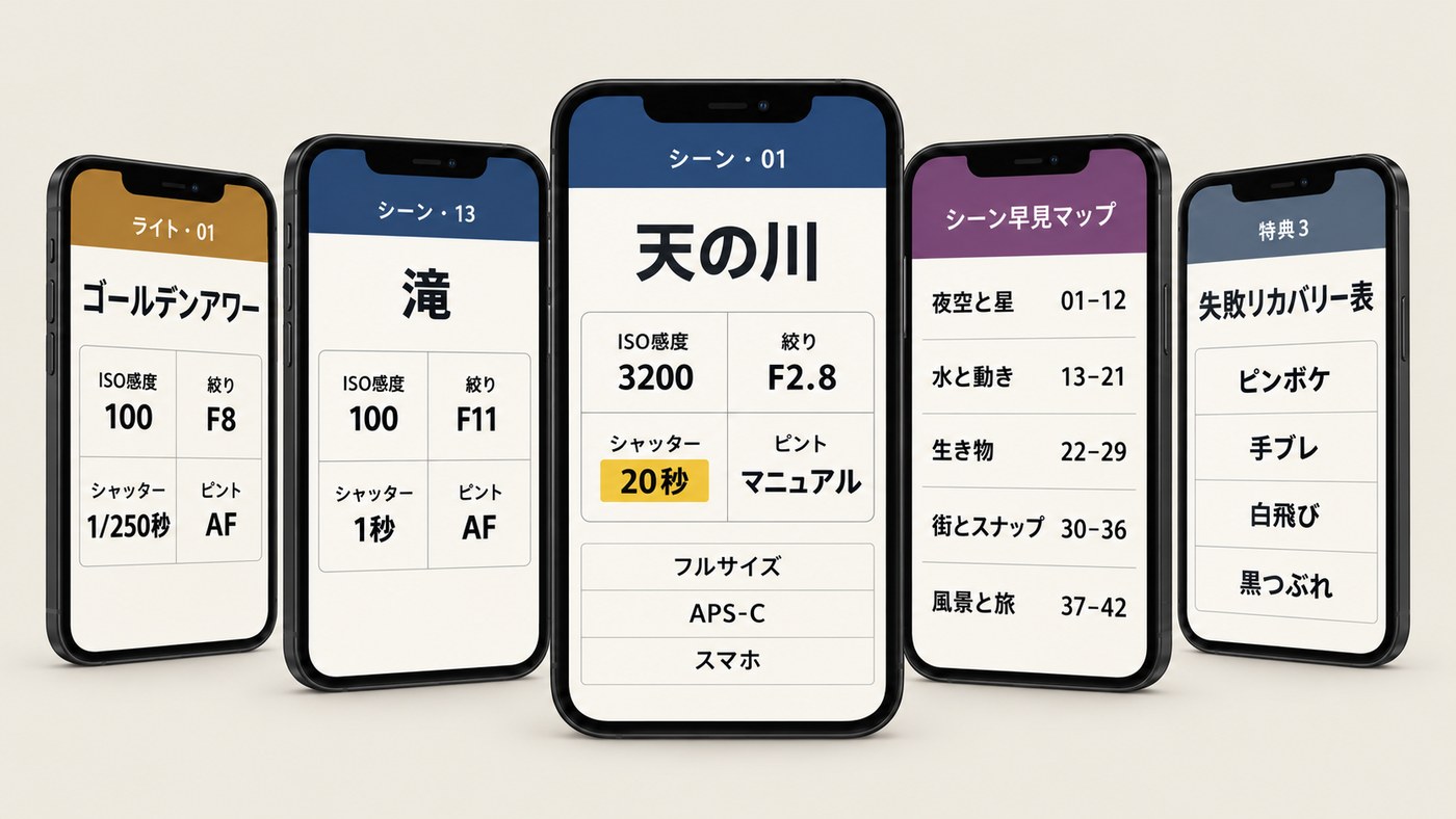 パッケージの全体：スマホに並ぶシーンカード、光のカード、シーン早見マップ、失敗リカバリー表